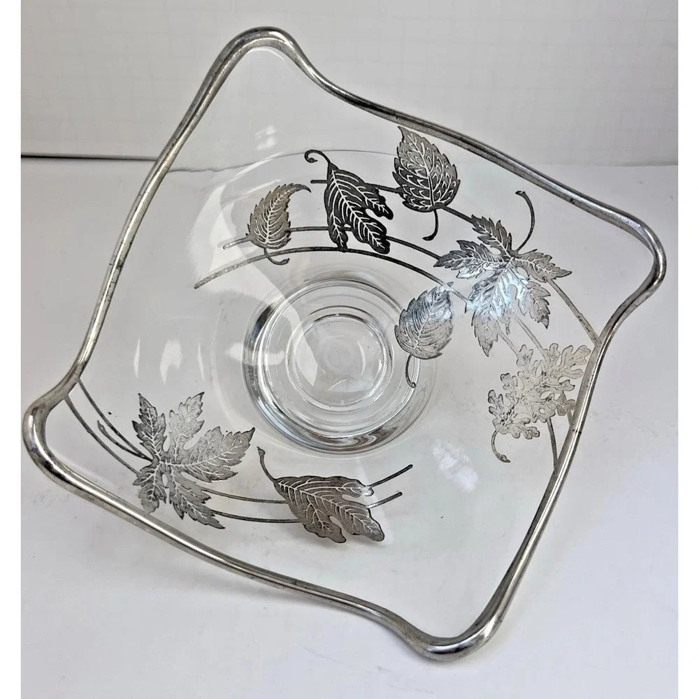 Candy Dish Etched Glass Silver Leaf Pedestal Stand Mid Century Modern Vintage